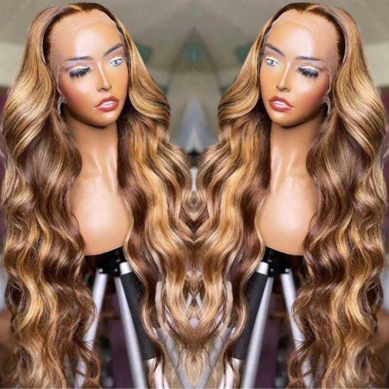 Brazilian Virgin Hair Glue-less Piano Color Body Wave Wig Blonde With Brown Ombre Colored Human Hair Pre-cut Lace Front wigs