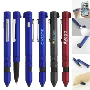 6 in 1 Quest tool ballpoint pen multi-function with customized logo Compass Flashlight stylus phone holder pen screwdriver pen