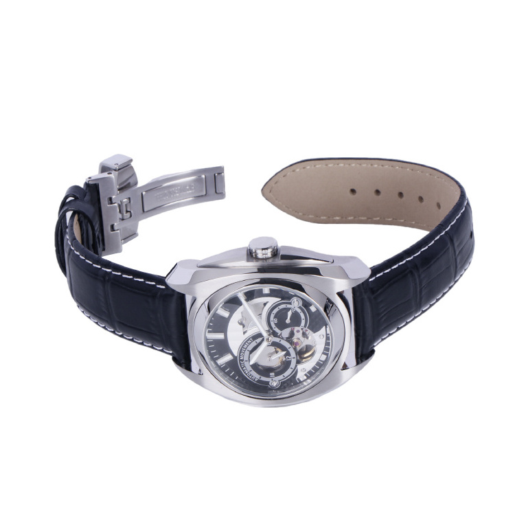 New Black Leather Strap Band men watch waterproof  Automatic Movement premium watch Hollow Dial custom logo watch