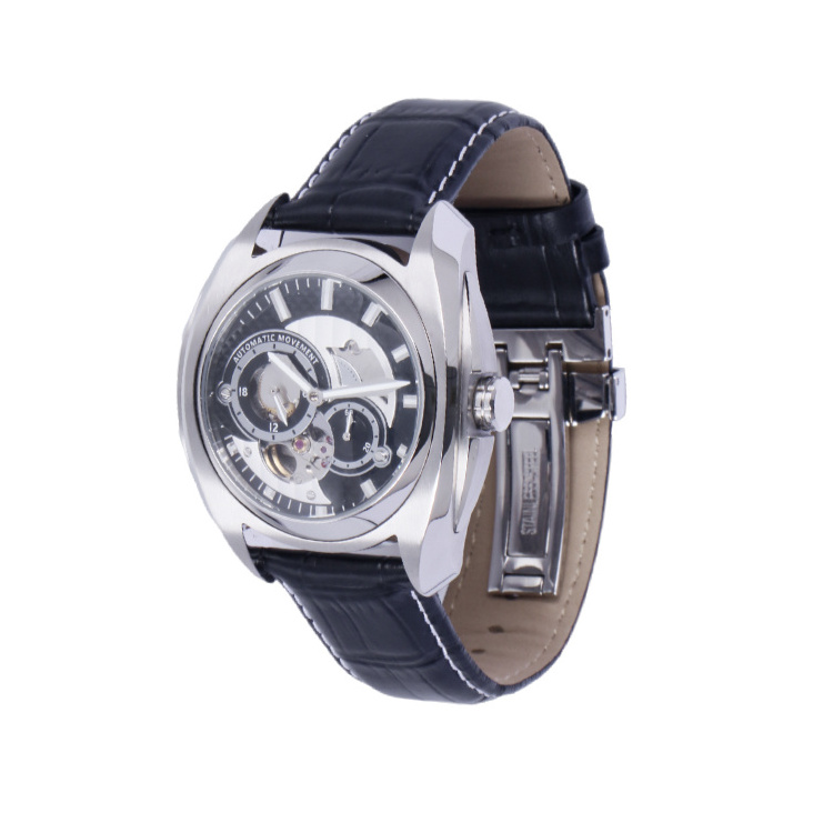 New Black Leather Strap Band men watch waterproof  Automatic Movement premium watch Hollow Dial custom logo watch