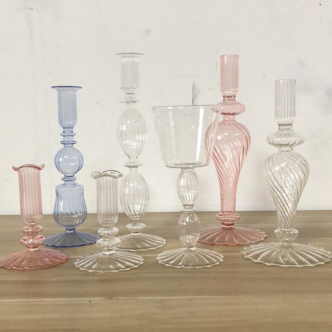 New Arrival Ribbed Candle Holders,Glass Candlesticks Candle Stand Pink Blue Home Decoration Table Centerpieces