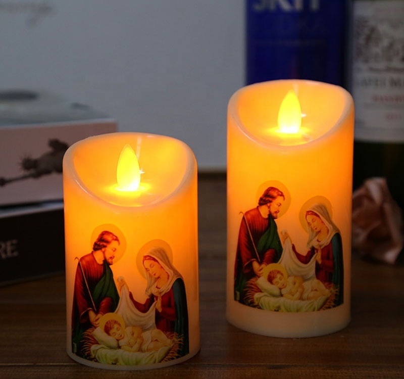 Free Shipping 360pcs Cylinder LED Candle Jesus The Virgin Mary for Christmas and Religion / Flameless Flickering Pillar Candle