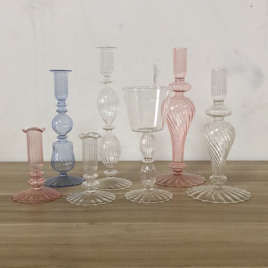 New Arrival Ribbed Candle Holders,Glass Candlesticks Candle Stand Pink Blue Home Decoration Table Centerpieces