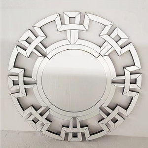 Chinese style fancy wood frame mingling silver slats stick on wall mirror round hanging mirror for living room decoration