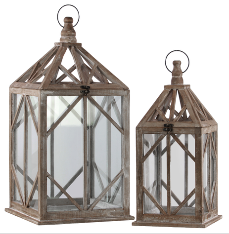 Hanging antique brown wooden hurricane,storm candle holder lantern with glass