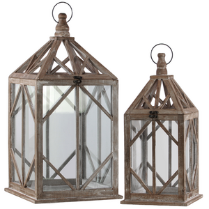 Hanging antique brown wooden hurricane,storm candle holder lantern with glass