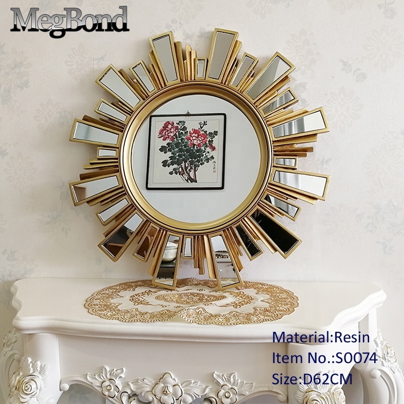 Resin antique gold starburst wall mirror for living room decorative