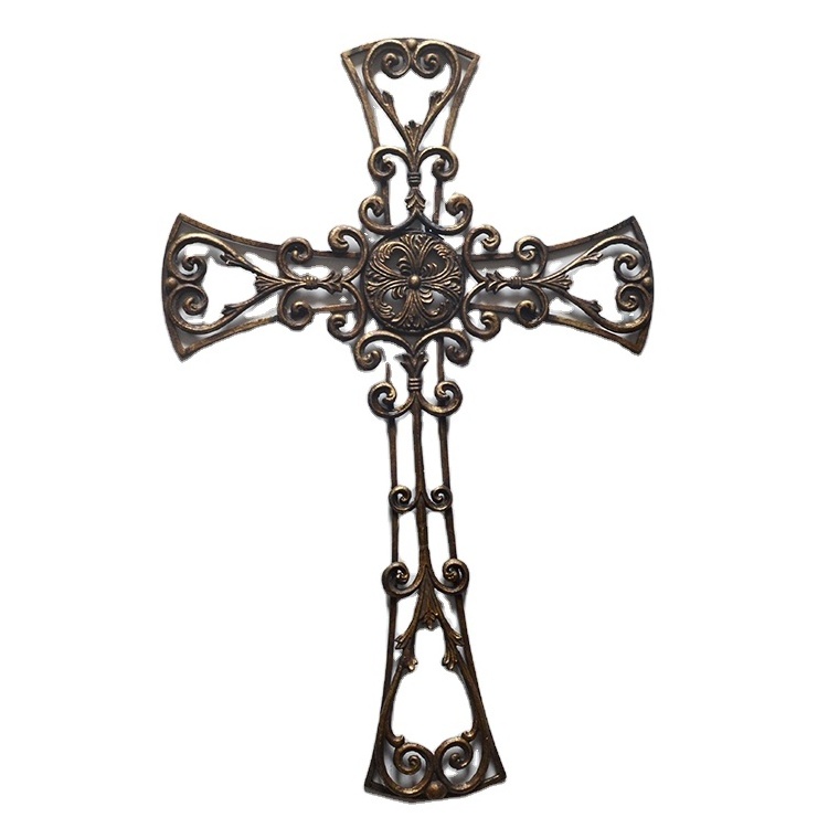 Antique gold religious cast aluminum metal wall cross, open looking special cross wall decor