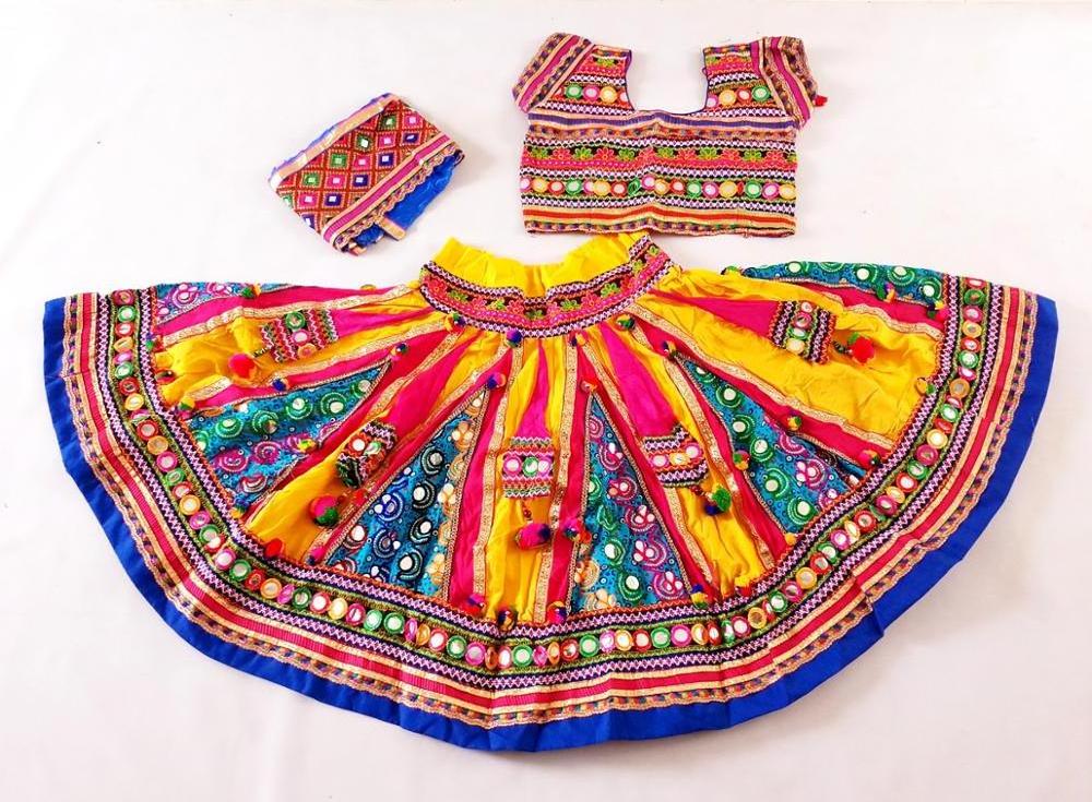 Beautiful Full Flare Multi color Mirror Work Chaniya Choli - Women's Designer Tassel Beaded Pom Pom Double Layered Ghaghra Choli