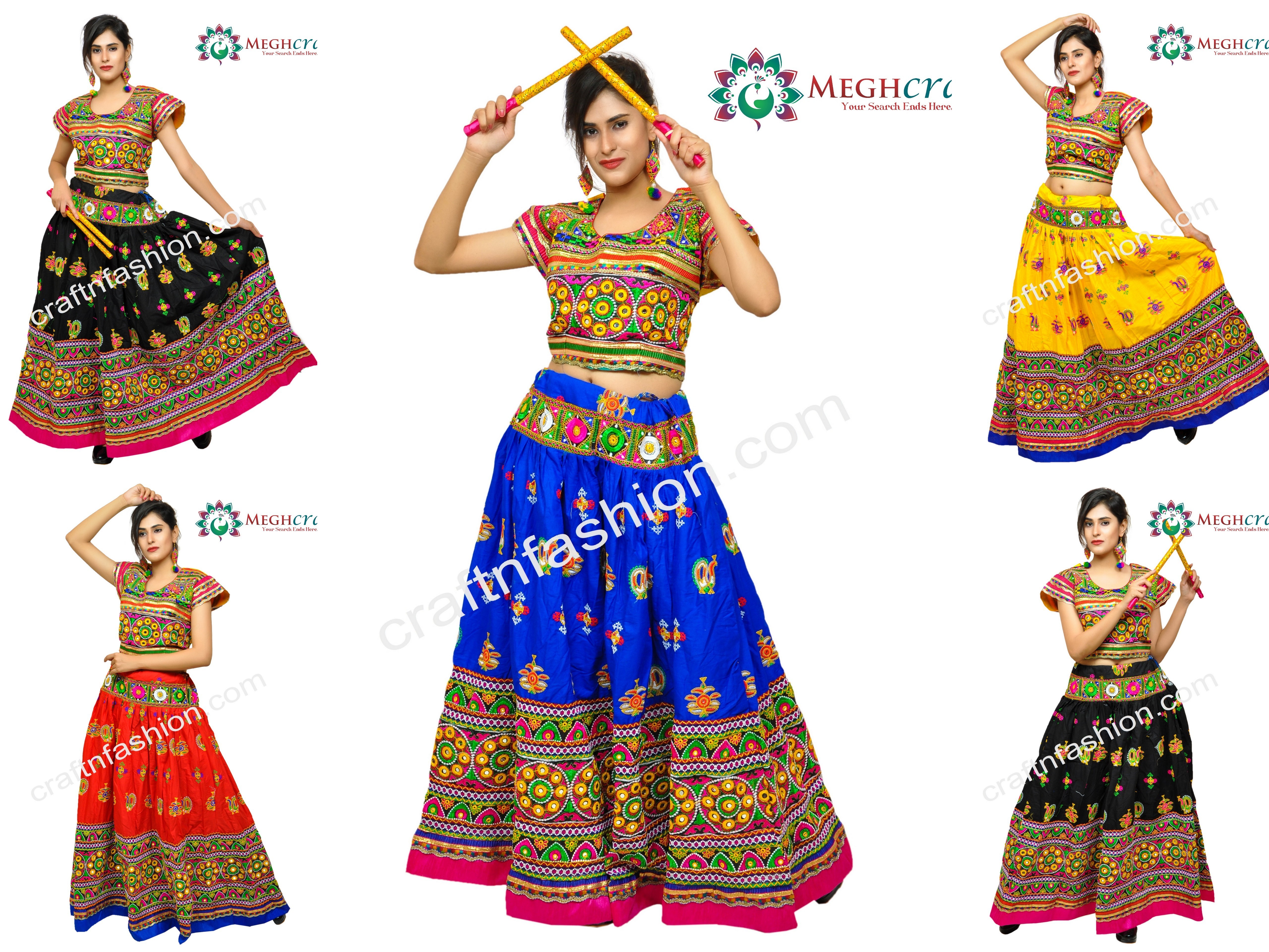 Cotton Vintage Kutch Embroidery Lehenga Choli - Dandiya Dance Wear Lehenga Choli -Peacock Embroidery