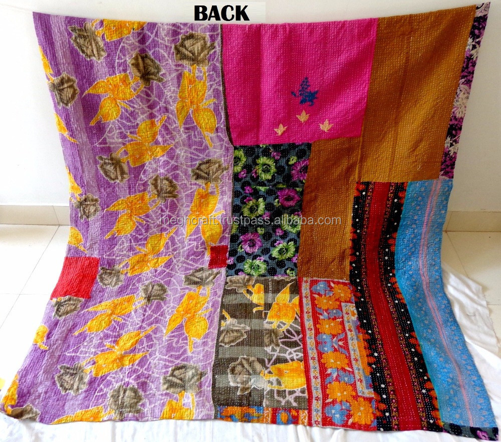 Vintage Throw / Kantha Quilt / Indian Handmade Bohemian Bedspread/ Reversible Cotton Ethnic Sari Fabric Embroidered Blanket