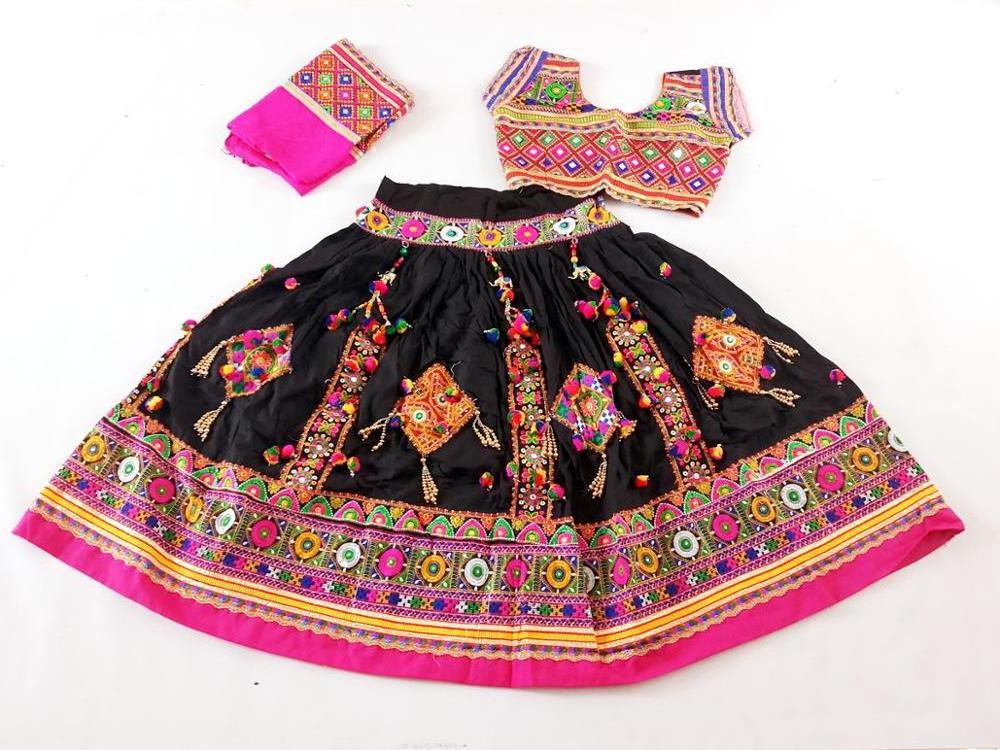 Beautiful Full Flare Multi color Mirror Work Chaniya Choli - Women's Designer Tassel Beaded Pom Pom Double Layered Ghaghra Choli