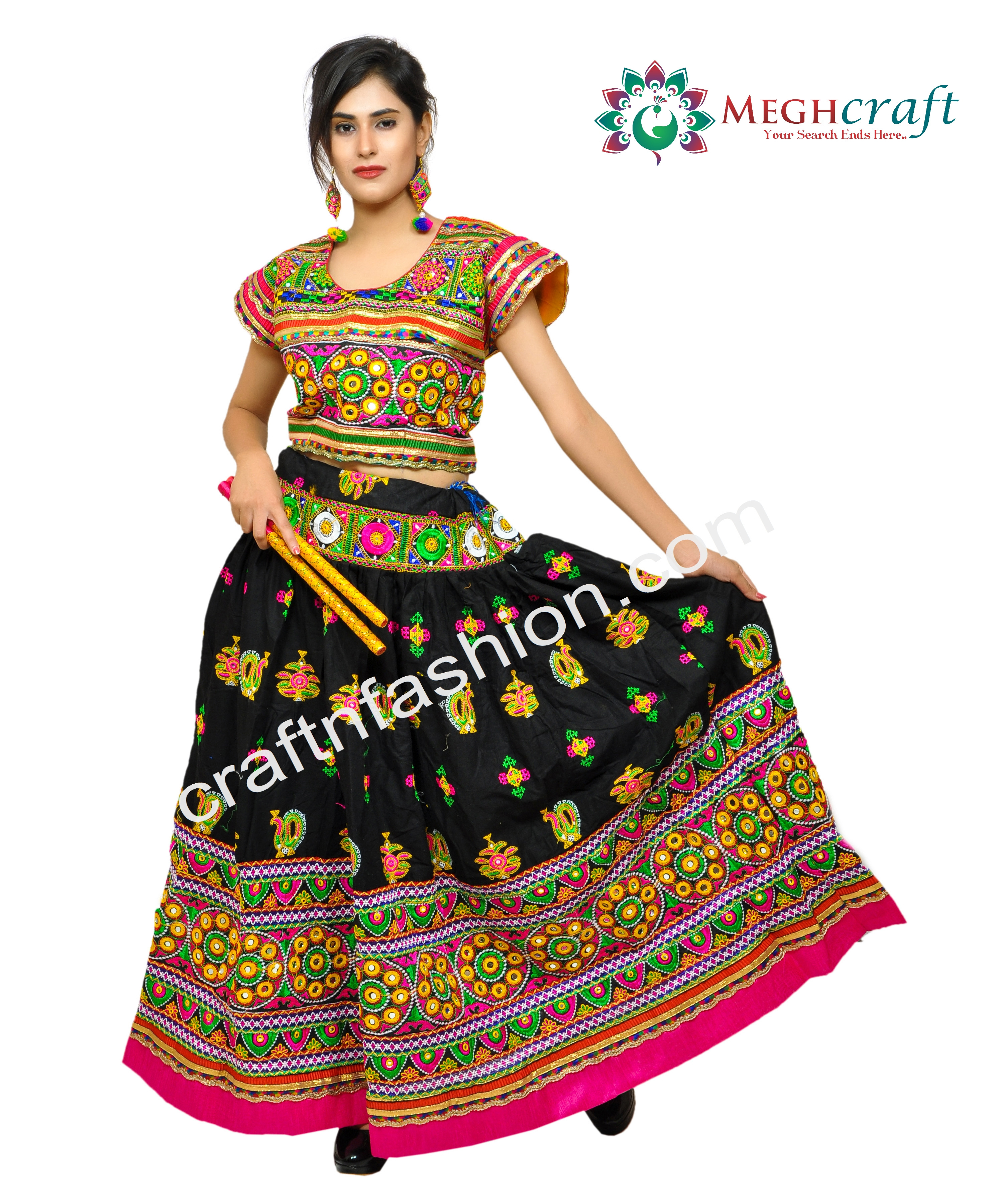 Cotton Vintage Kutch Embroidery Lehenga Choli - Dandiya Dance Wear Lehenga Choli -Peacock Embroidery