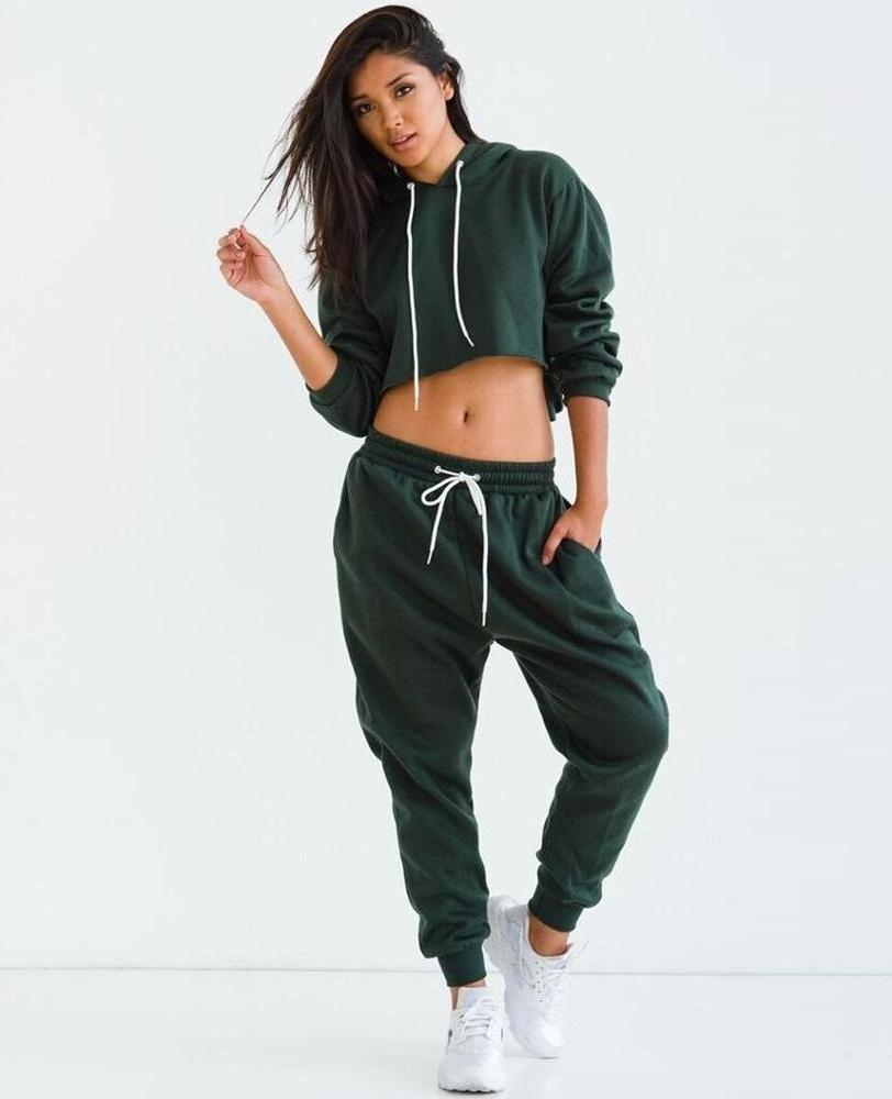 Fashion Designer Ladies Sweatsuits Tracksuit Women Green Crop Top and Joggers Sweatsuit for Women