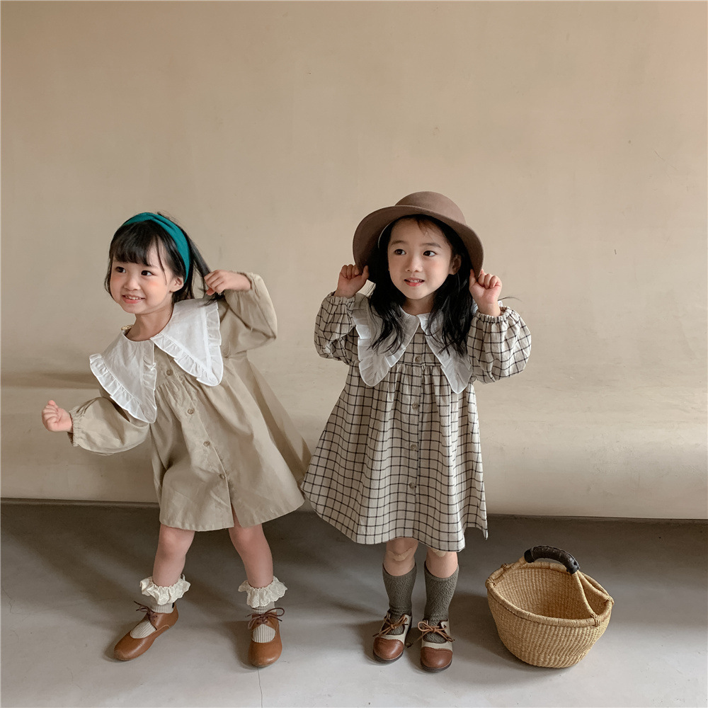 Baby Girls Dress Casual Plaid Clothes Summer 2023 New Korean Cotton Linen Girls Princess Dress Big Turn Down Collar Dress