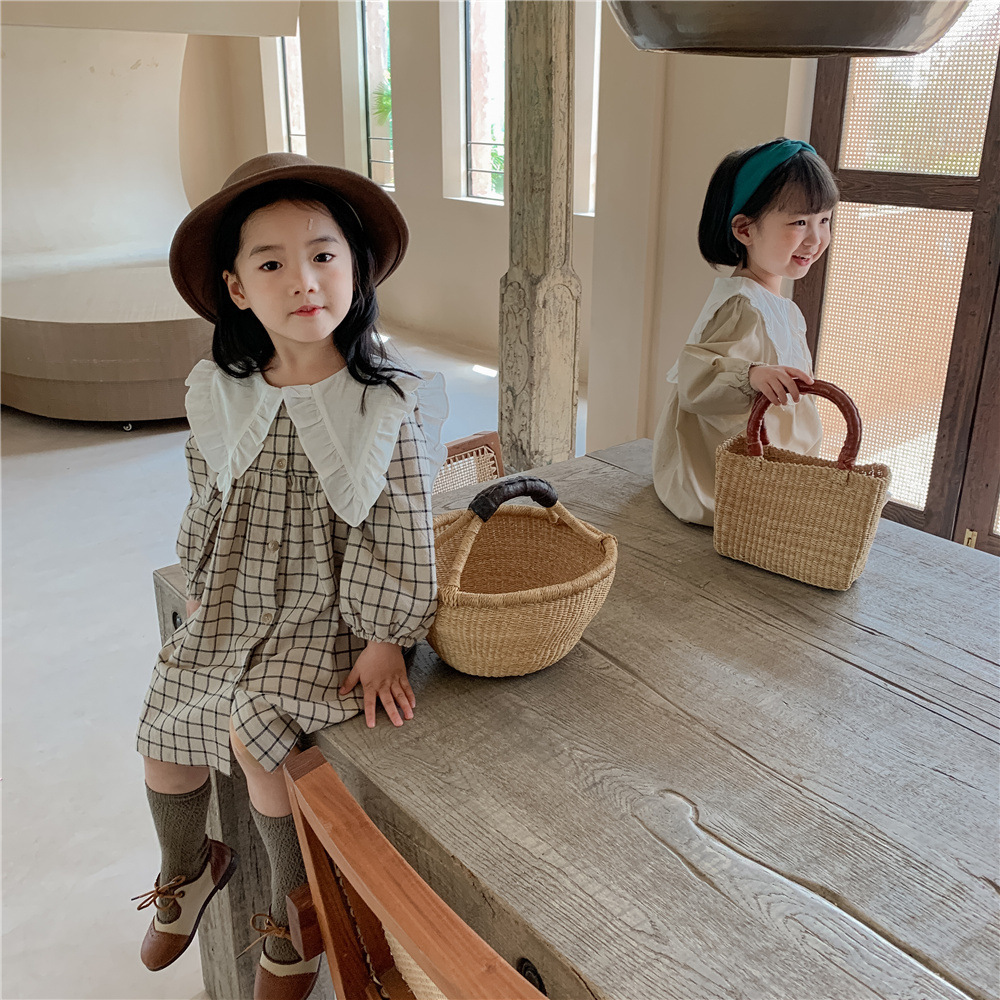 Baby Girls Dress Casual Plaid Clothes Summer 2023 New Korean Cotton Linen Girls Princess Dress Big Turn Down Collar Dress