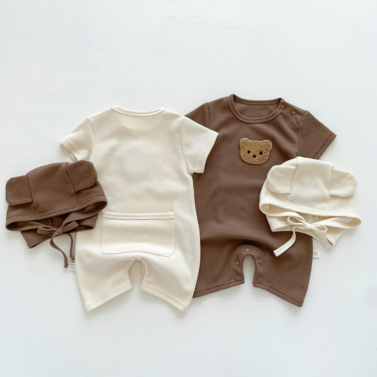 Summer Bodysuits for Infants Waffle Cute Bear Romper with Hat Cotton Boys Girls Jumpsuit Korean Baby Clothing Overalls 0-2 Y