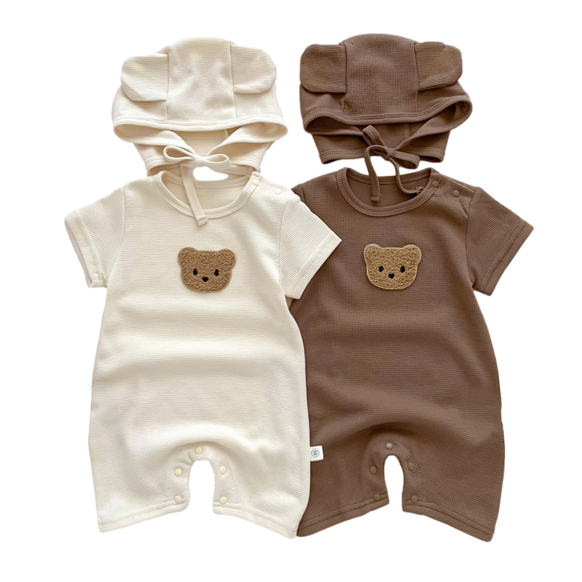 Summer Bodysuits for Infants Waffle Cute Bear Romper with Hat Cotton Boys Girls Jumpsuit Korean Baby Clothing Overalls 0-2 Y