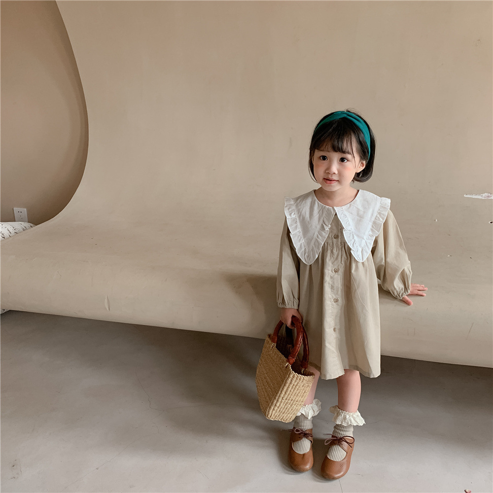 Baby Girls Dress Casual Plaid Clothes Summer 2023 New Korean Cotton Linen Girls Princess Dress Big Turn Down Collar Dress