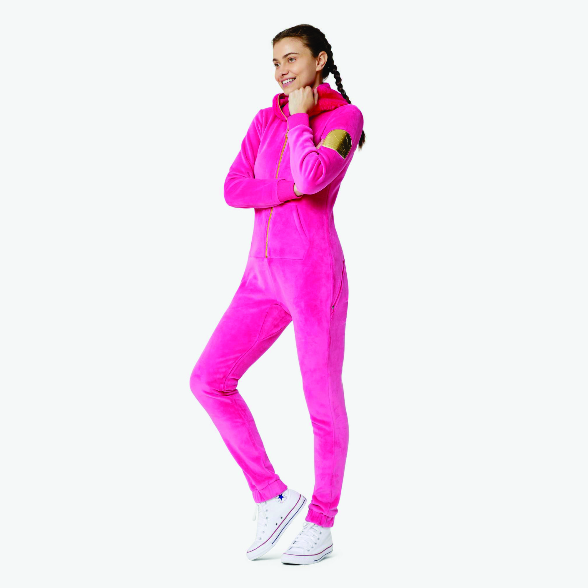 100% Polyester One Way Zipper Opening Front Kangaroo Pocket Pink Women Alps Soft Velvet Fitted Jumpsuit