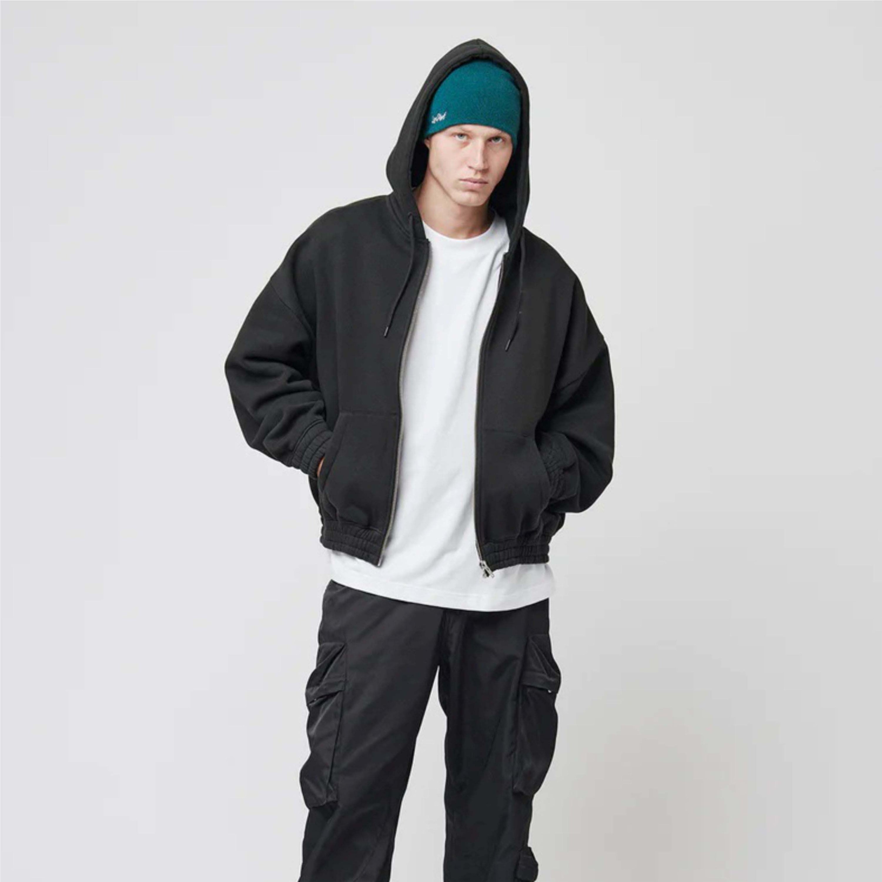 Heavy weight plain hoodie double zipper hoodie 430 gsm fleece boxy fit black oversized zip up hoodie