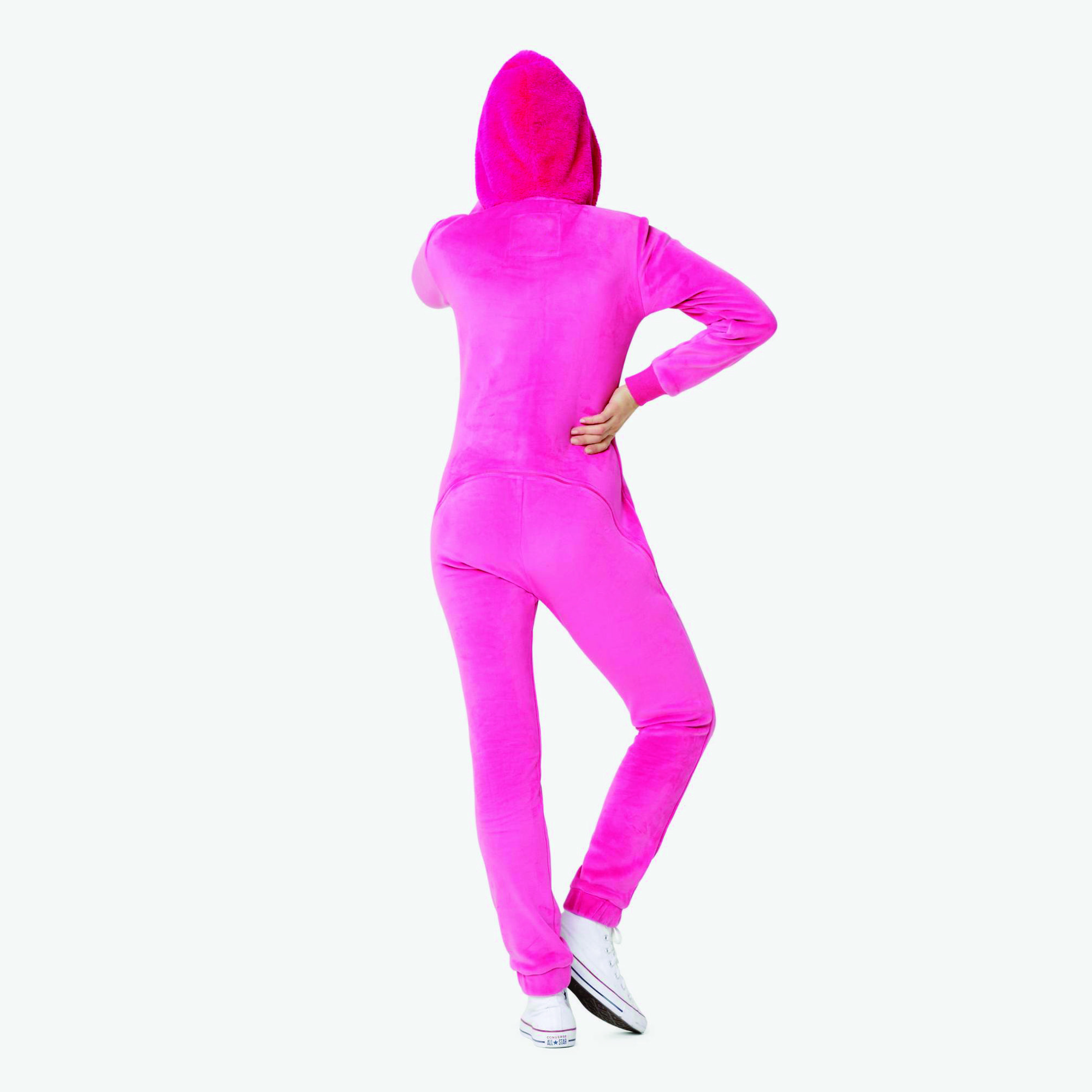 100% Polyester One Way Zipper Opening Front Kangaroo Pocket Pink Women Alps Soft Velvet Fitted Jumpsuit