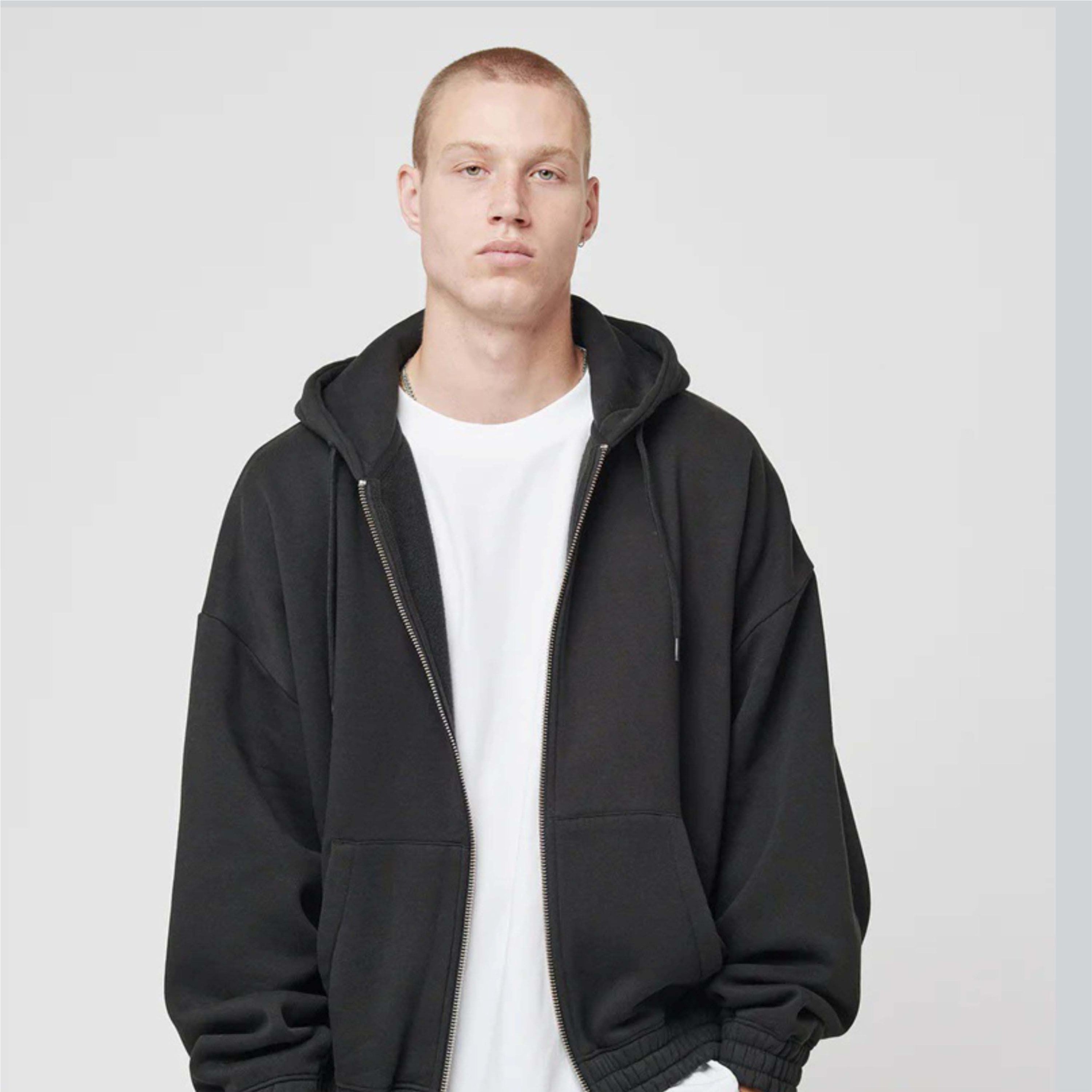 Heavy weight plain hoodie double zipper hoodie 430 gsm fleece boxy fit black oversized zip up hoodie