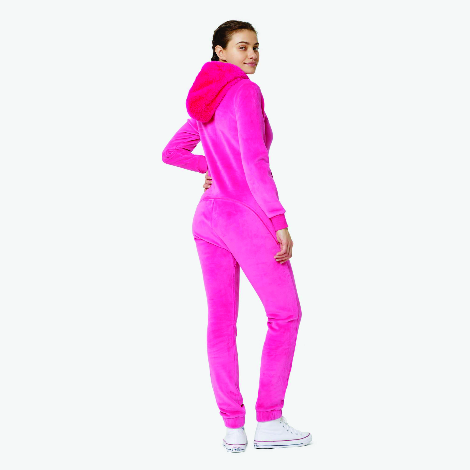 100% Polyester One Way Zipper Opening Front Kangaroo Pocket Pink Women Alps Soft Velvet Fitted Jumpsuit