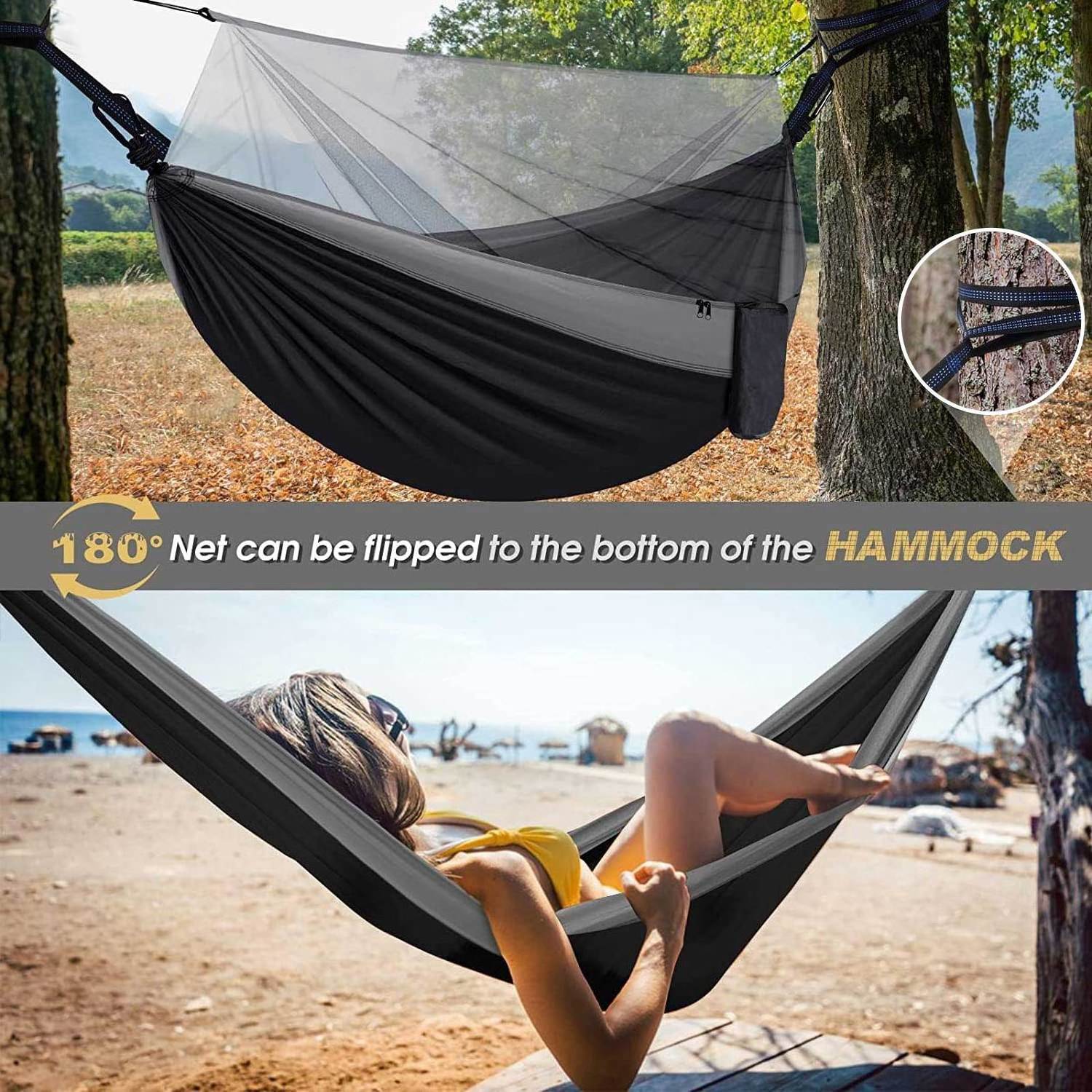 Camping Hammock With Net Travel Portable Lightweight Hammocks Parachute Nylon Hammock For Outsides Backpacking Beach Hiking