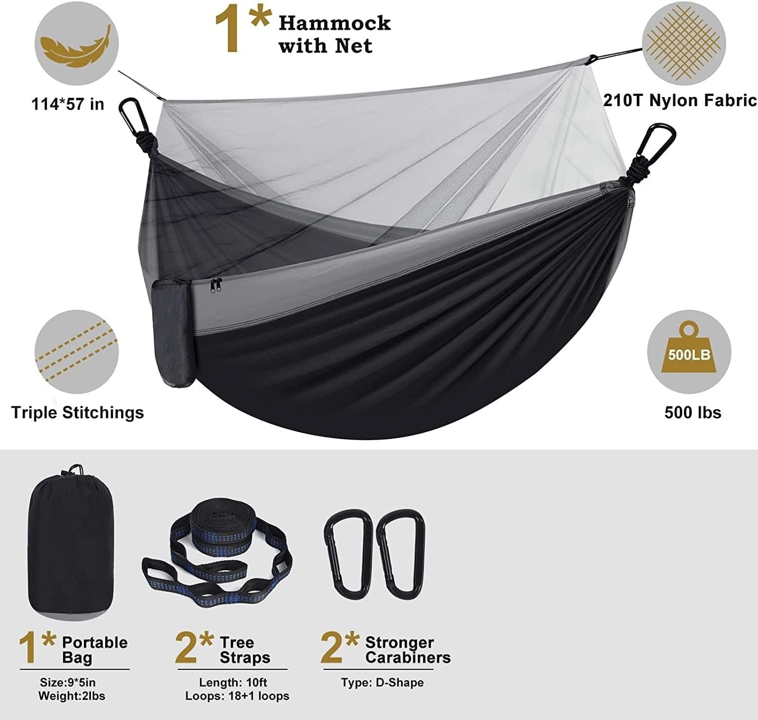 Camping Hammock With Net Travel Portable Lightweight Hammocks Parachute Nylon Hammock For Outsides Backpacking Beach Hiking