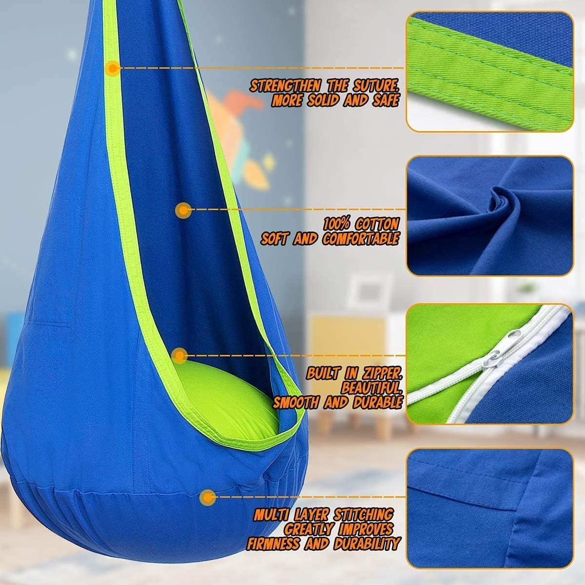 Kids Pod Swing Seat Hanging Hammock Chair With Inflatable Pillow Sensory Swing Chair With Pocket For Outdoor And Indoor