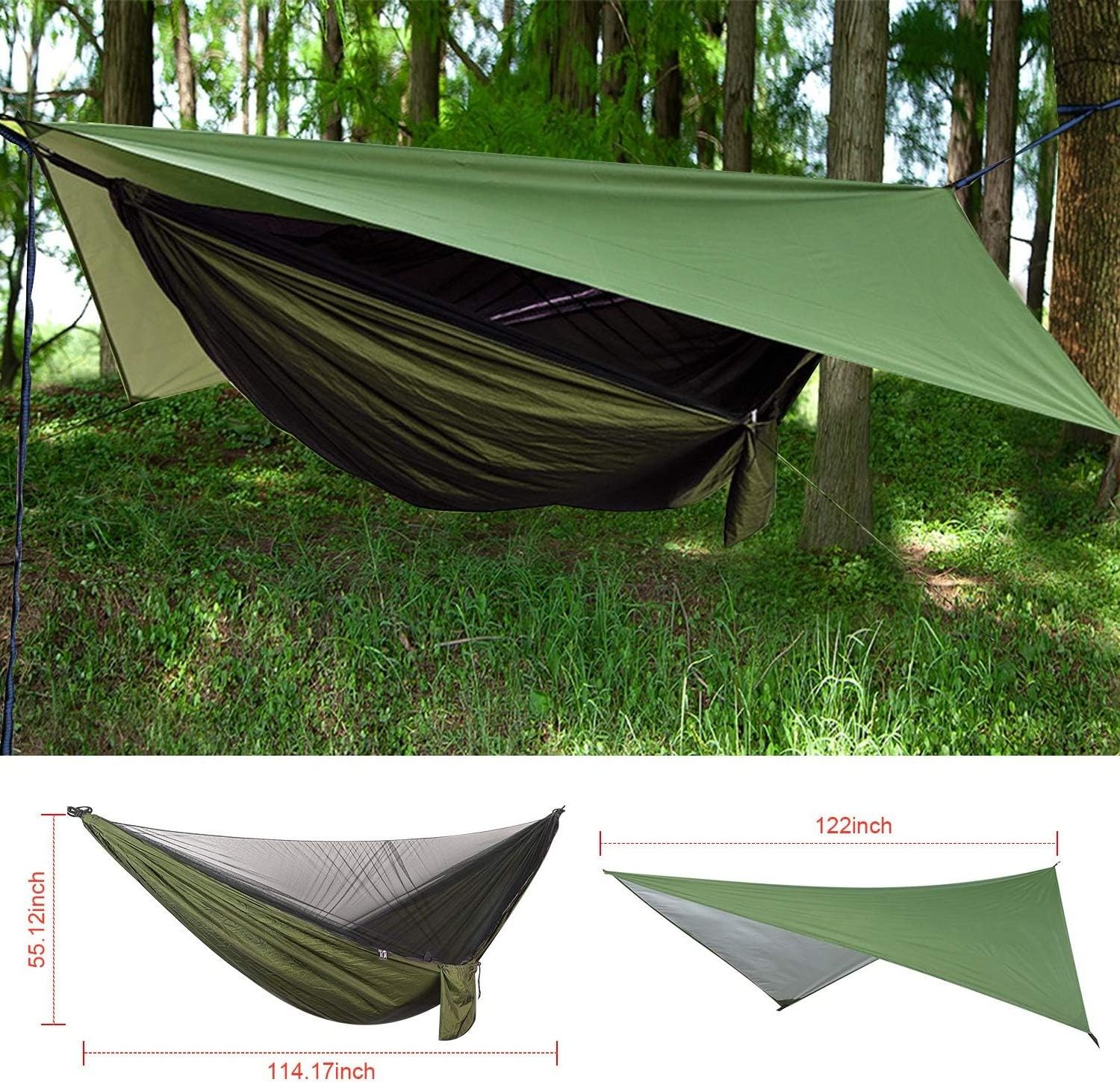 Camping Hammock with Mosquito Net Rain Fly Heavy Duty Tree Strap Nylon Parachute Hammock Tent Waterproof Rainfly Set