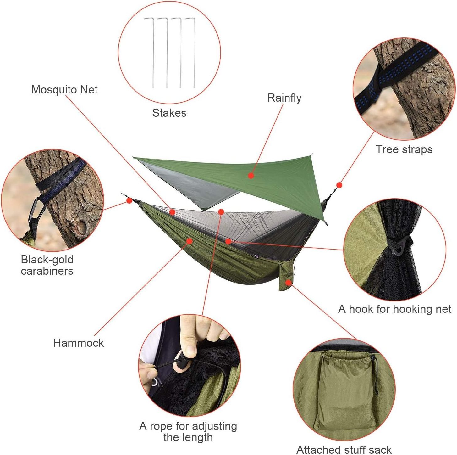 Camping Hammock with Mosquito Net Rain Fly Heavy Duty Tree Strap Nylon Parachute Hammock Tent Waterproof Rainfly Set