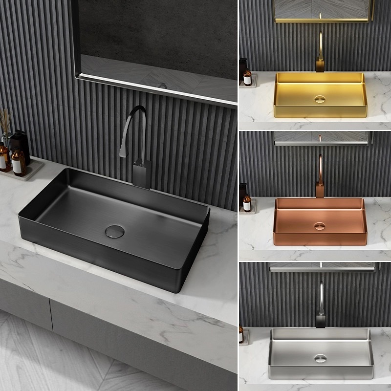 Modern Luxury Hot 304 Stainless Steel Rustproof Pvd Color Rectangle Above Counter Handmade Bathroom Sink Wash Basin