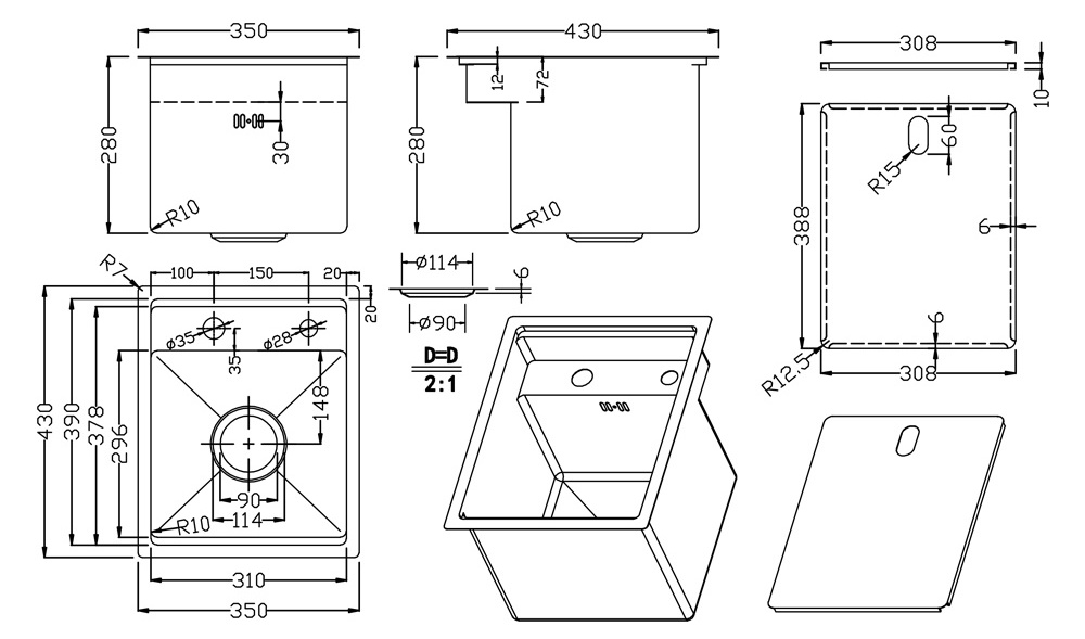 New Design Bar Sink Hidden Kitchen Sink 304 Stainless Steel Single Groove Invisible with Cover