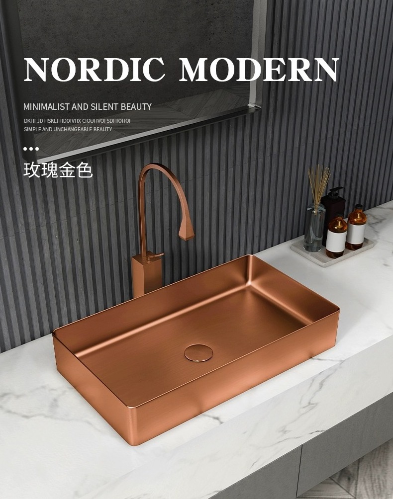 Modern Luxury Hot 304 Stainless Steel Rustproof Pvd Color Rectangle Above Counter Handmade Bathroom Sink Wash Basin