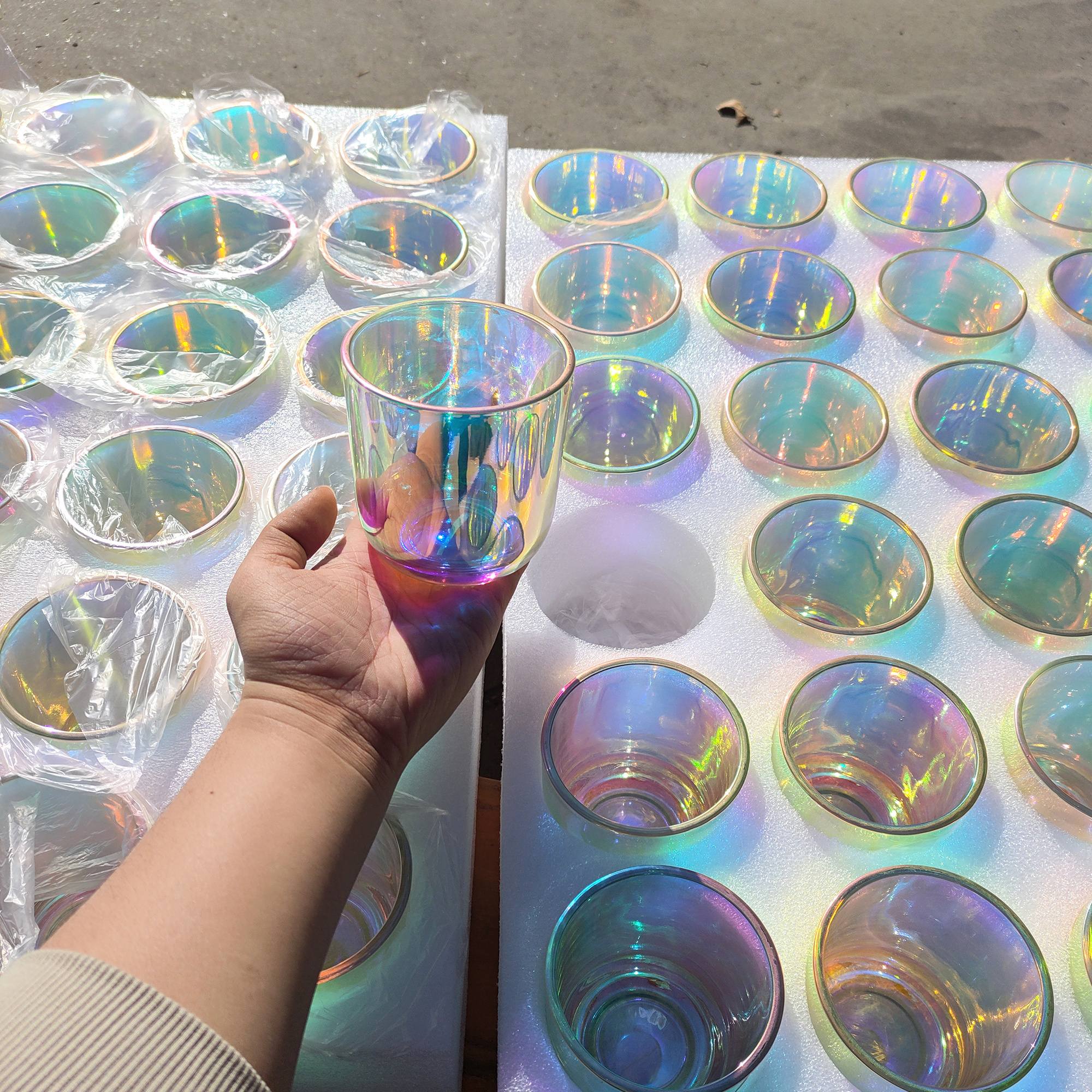 iridescent glass candle holder 12 oz iridescent candle vessels holographic glass iridescent candle jars with lids