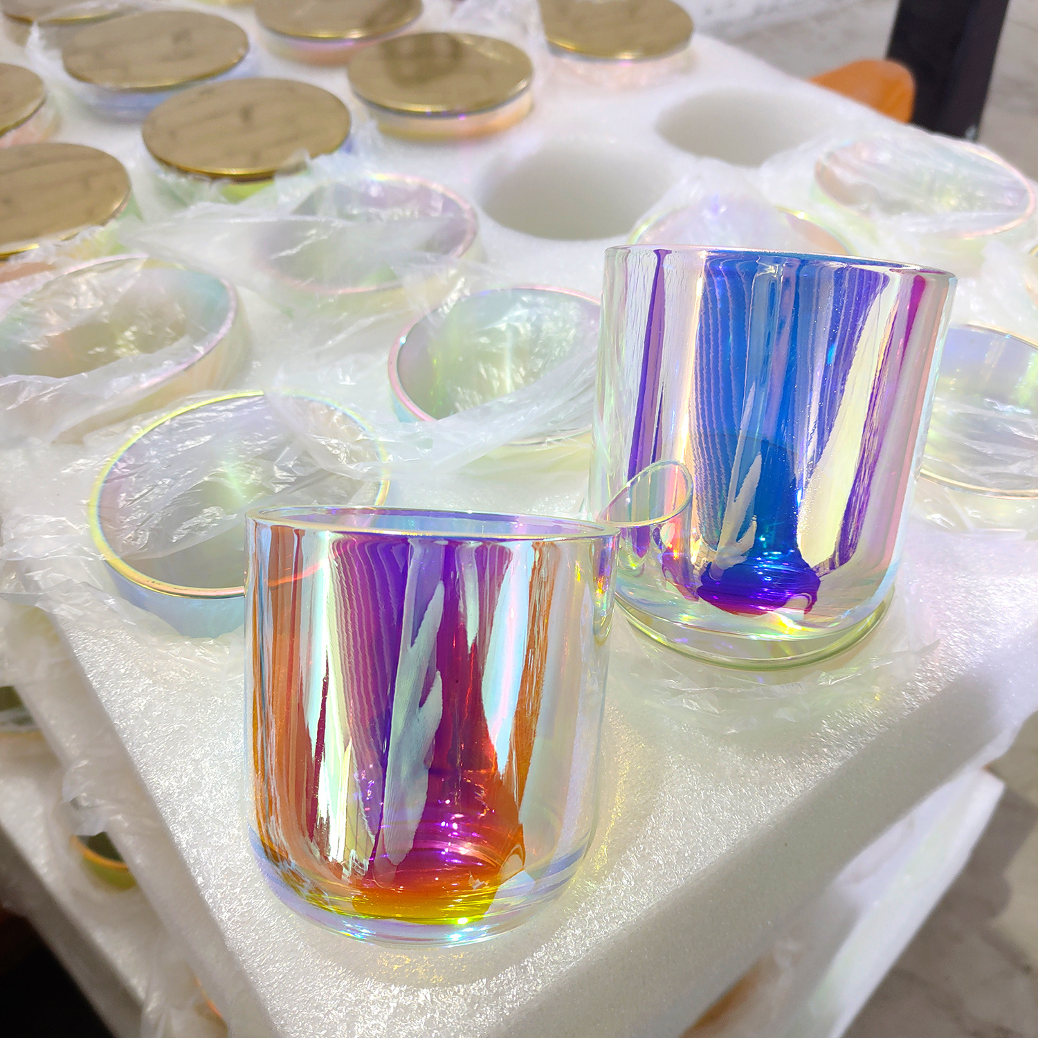 iridescent glass candle holder 12 oz iridescent candle vessels holographic glass iridescent candle jars with lids