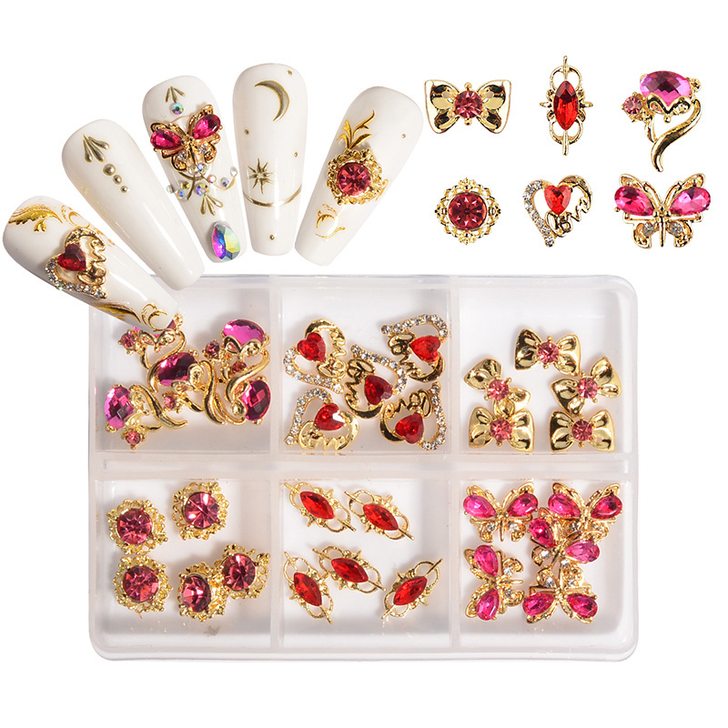 Luxury butterfly 3d nail art charms alloy nail art rhinestone hearts nail art accessories decorations with box