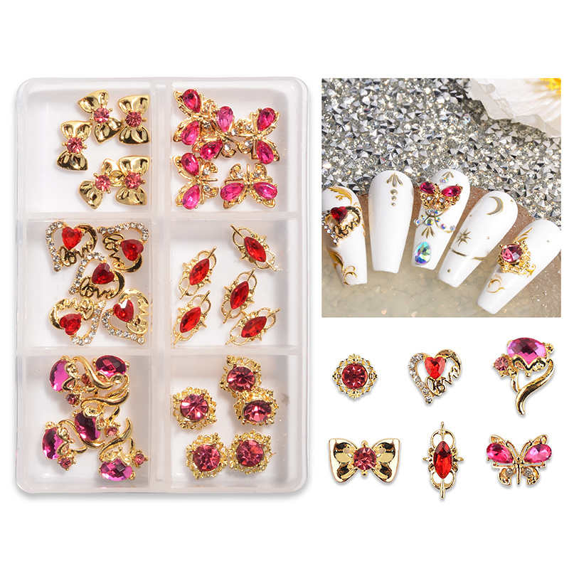 Luxury butterfly 3d nail art charms alloy nail art rhinestone hearts nail art accessories decorations with box