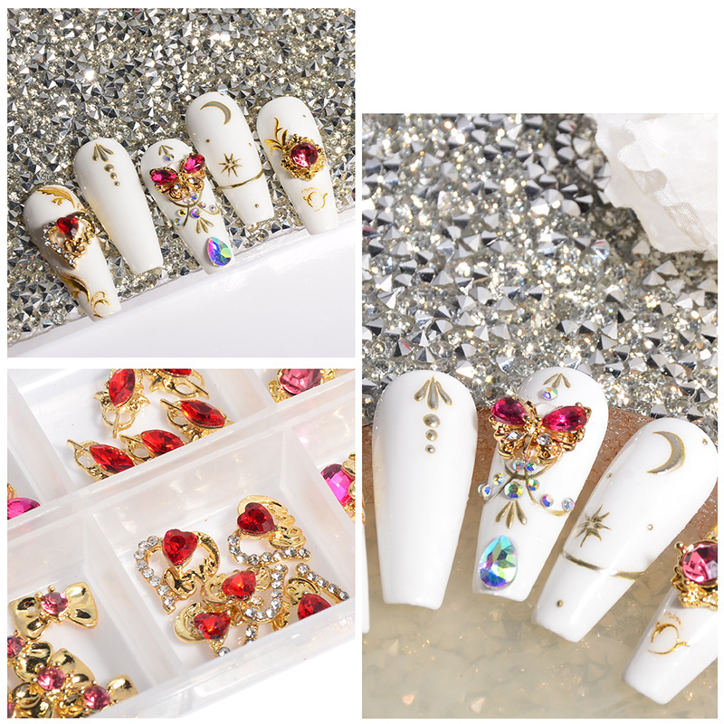 Luxury butterfly 3d nail art charms alloy nail art rhinestone hearts nail art accessories decorations with box