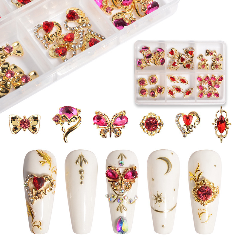 Luxury butterfly 3d nail art charms alloy nail art rhinestone hearts nail art accessories decorations with box