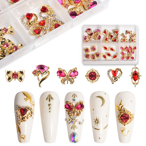 Luxury butterfly 3d nail art charms alloy nail art rhinestone hearts nail art accessories decorations with box