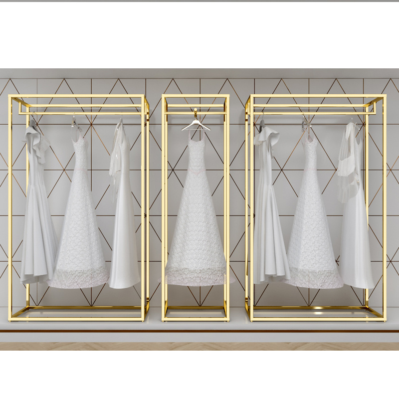 Boutique Bridal Store Hanging Rail Display Stainless Steel Wedding Dress Rack Shop Gold Ceiling Clothing Rack For Display