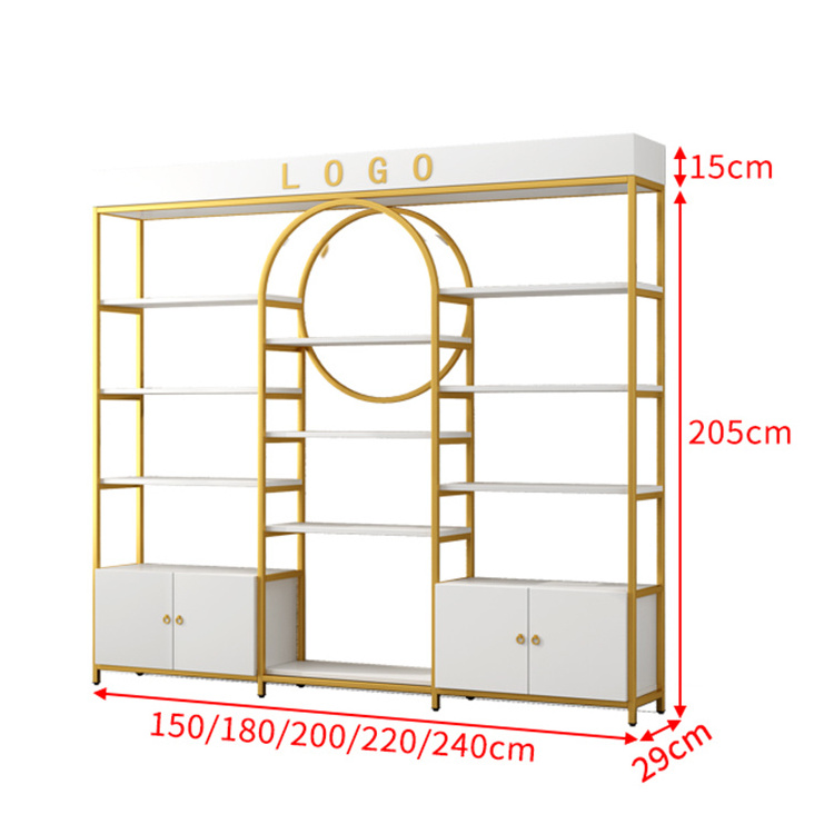 Meicheng Cosmetic Display Counter Beauty Salon Makeup Nail Shelves Gold Display Shelves For Bag Retail Stores