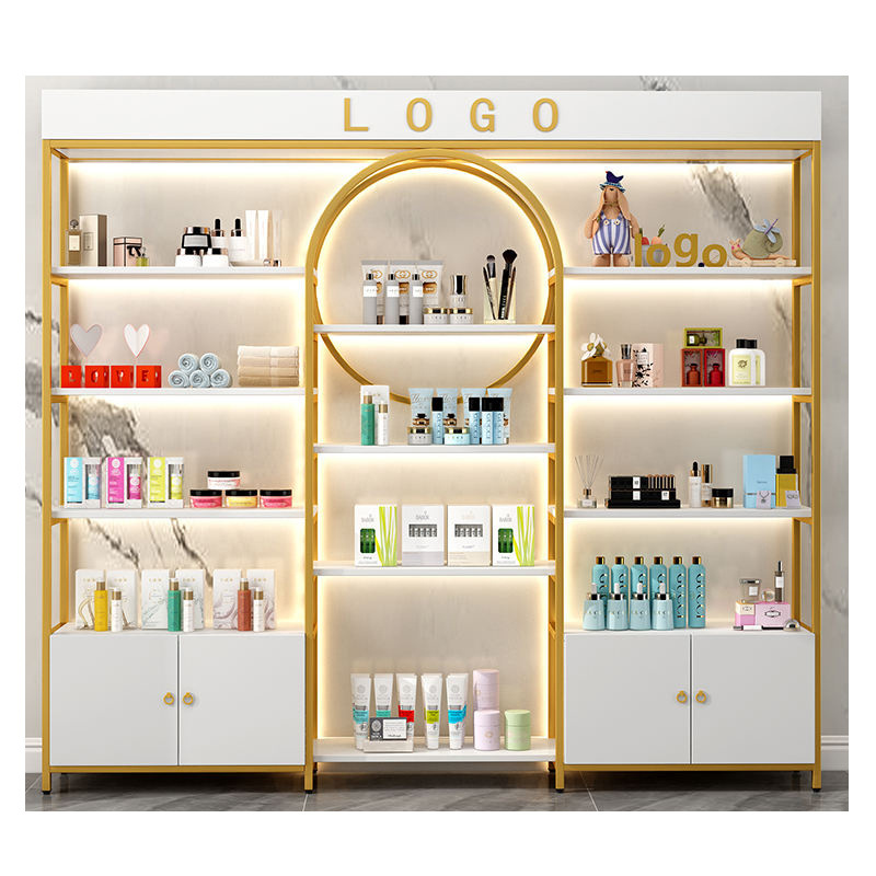 Meicheng Cosmetic Display Counter Beauty Salon Makeup Nail Shelves Gold Display Shelves For Bag Retail Stores