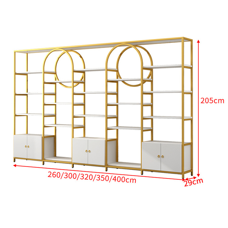 Meicheng Cosmetic Display Counter Beauty Salon Makeup Nail Shelves Gold Display Shelves For Bag Retail Stores