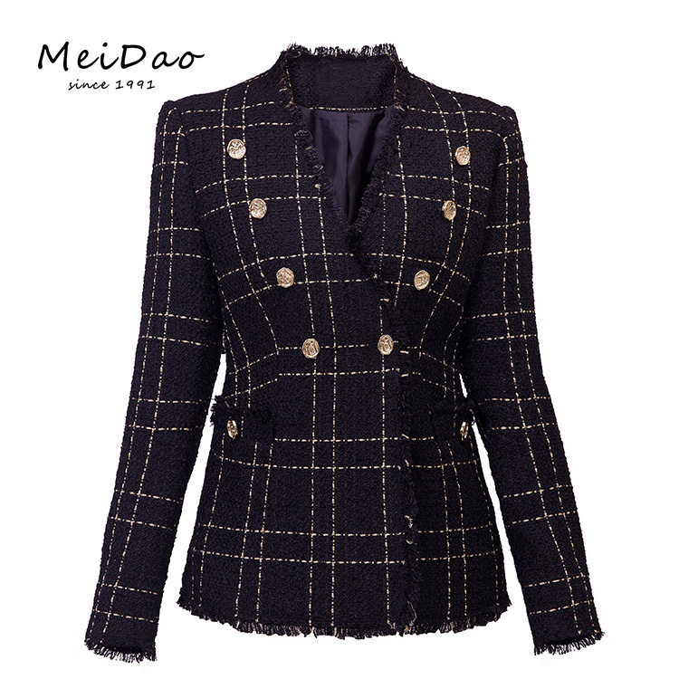 Meidao-020086 Stylish Oversized Ladies Black And Gold Prom Fitted Cheched Blazer With Gold Buttons Trim