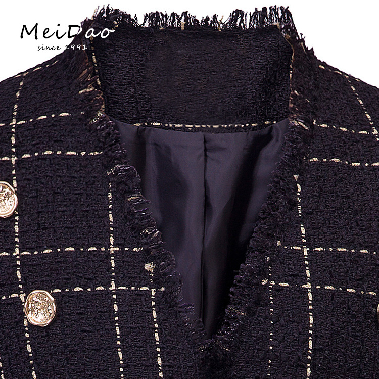 Meidao-020086 Stylish Oversized Ladies Black And Gold Prom Fitted Cheched Blazer With Gold Buttons Trim