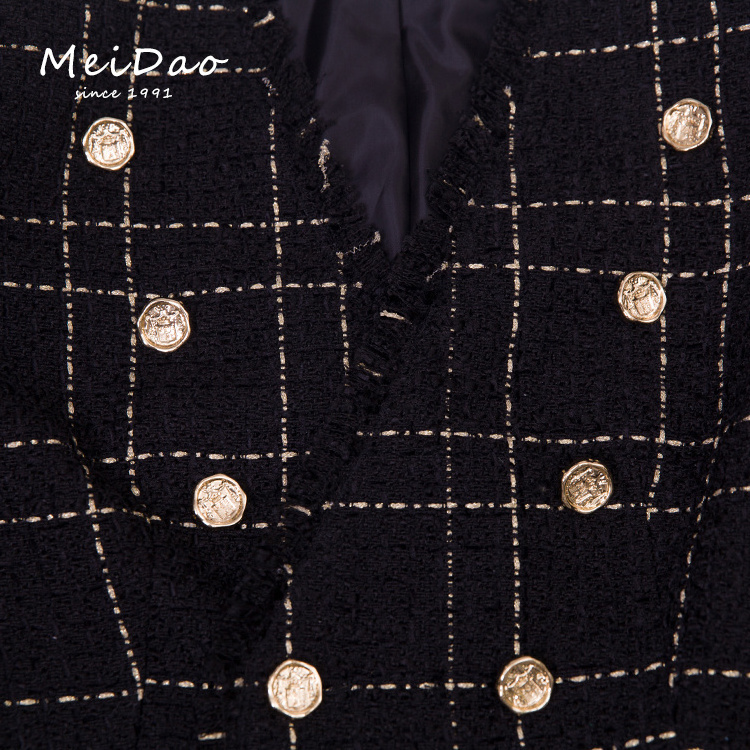 Meidao-020086 Stylish Oversized Ladies Black And Gold Prom Fitted Cheched Blazer With Gold Buttons Trim